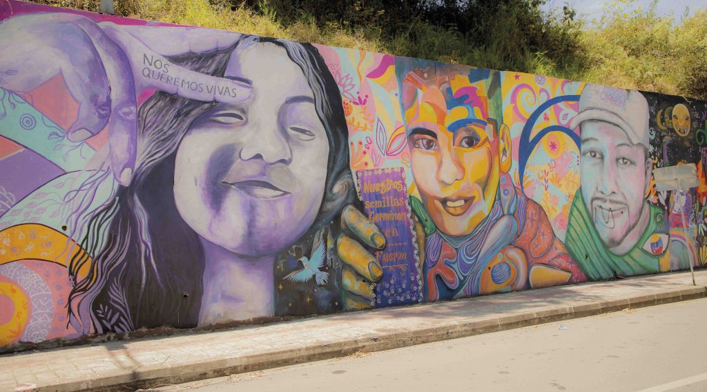 Mural realizado en honor a jovenes asesinados en medio de las movilizaciones ciudadanas en el Paro Nacional, foto: Sara tejada, 2021