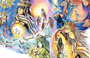 Sueños en la ley de origen Nasa, Ilustrador: Jesus Antonio Pancho. Estas imagenes fuerón usadas previamente en el libro:Na’ Watha’ nxa’ Üsu Kiwes - Asi pensamos el mundo.
